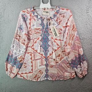 NEW Savanna Jane Top Blouse‎ Women Small Embroidered Long Sleeve White Red Brown